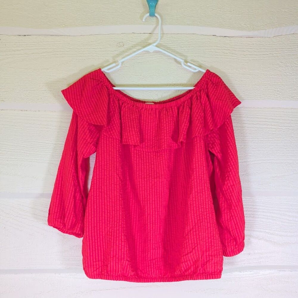 MICHAEL Michael Kors Ruffle Peasant Top in a coral-toned seersucker fabric